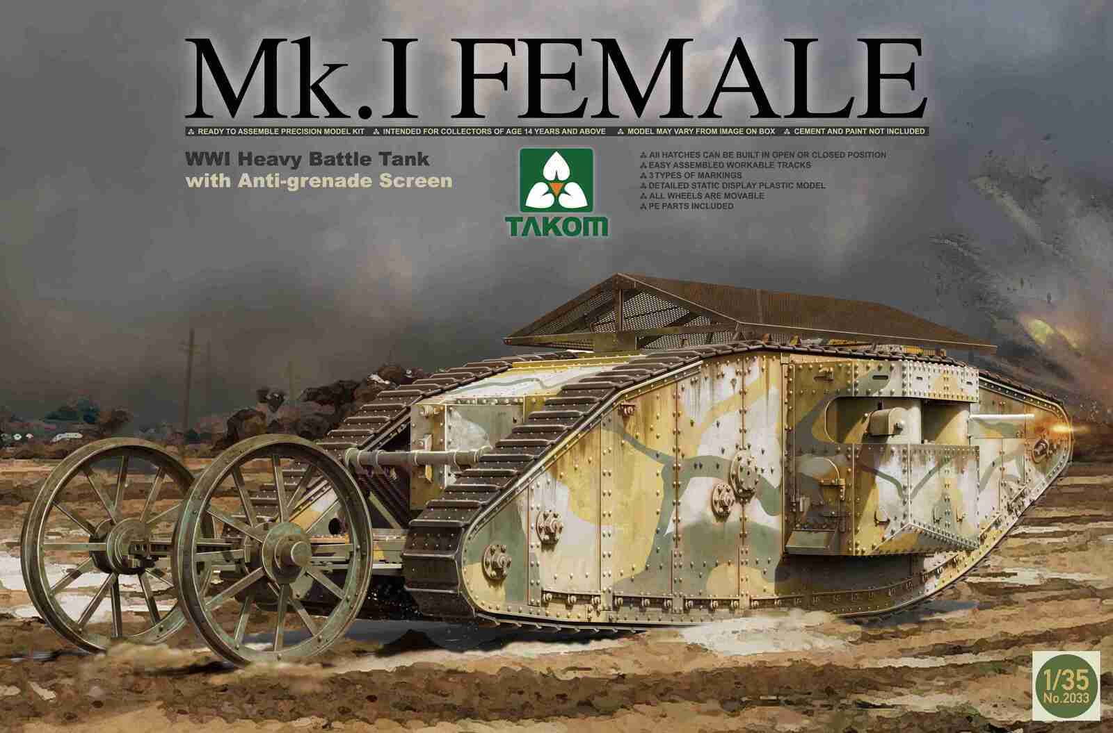 TK2033 Takom 1/35 WWI Heavy Battle Tank Mk.I Female with Anti-grenade screen Plastic Model Kit Takom