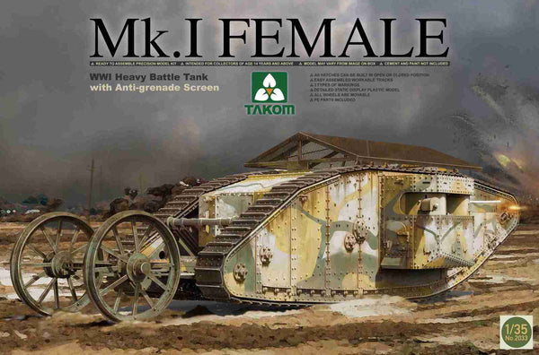 TK2033 Takom 1/35 WWI Heavy Battle Tank Mk.I Female with Anti-grenade screen Plastic Model Kit