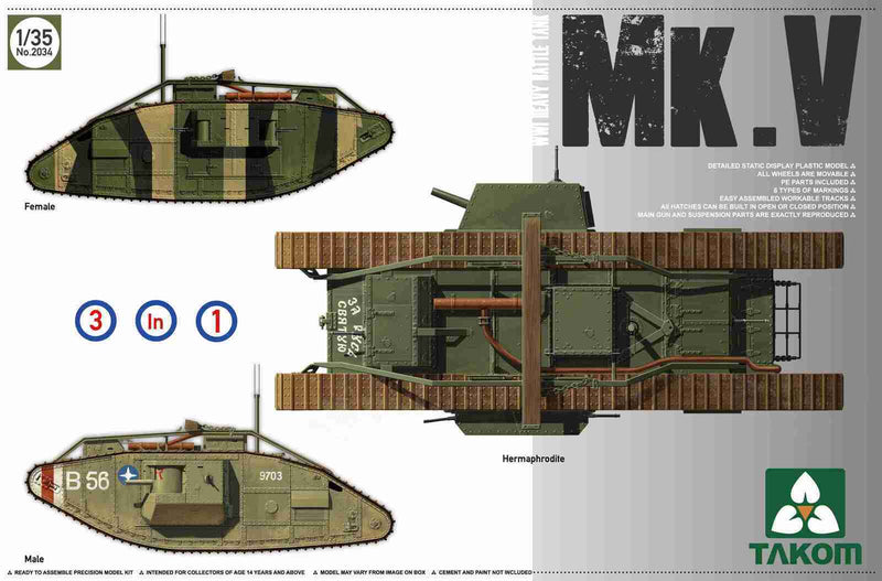 TK2034 Takom 1/35 WWI Heavy Battle Tank Mk V 3 in 1 Plastic Model Kit