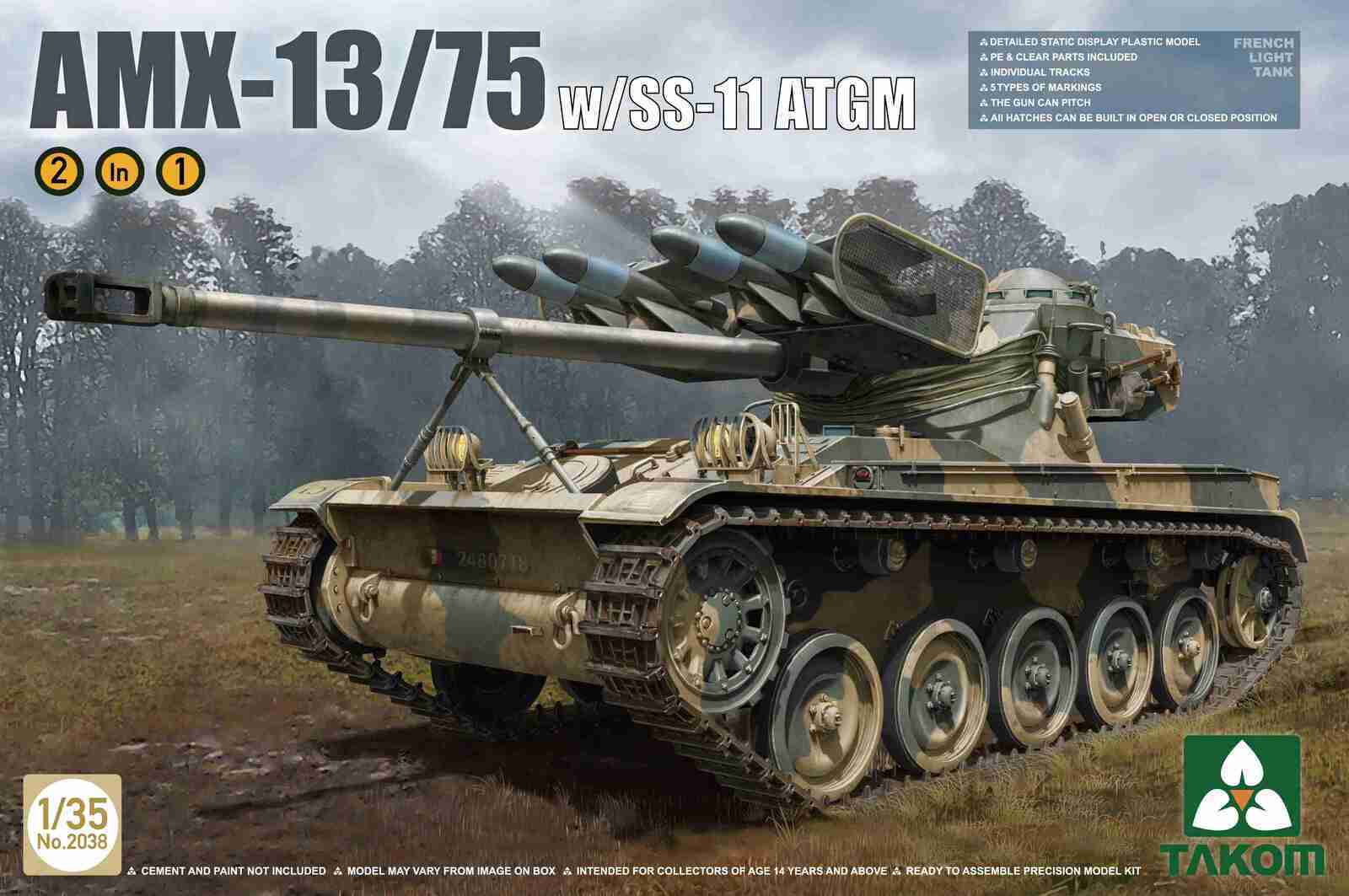 TK2038 Takom 1/35 French Light Tank AMX-13/75 with SS-11 ATGM 2 in 1 Plastic Model Kit Takom