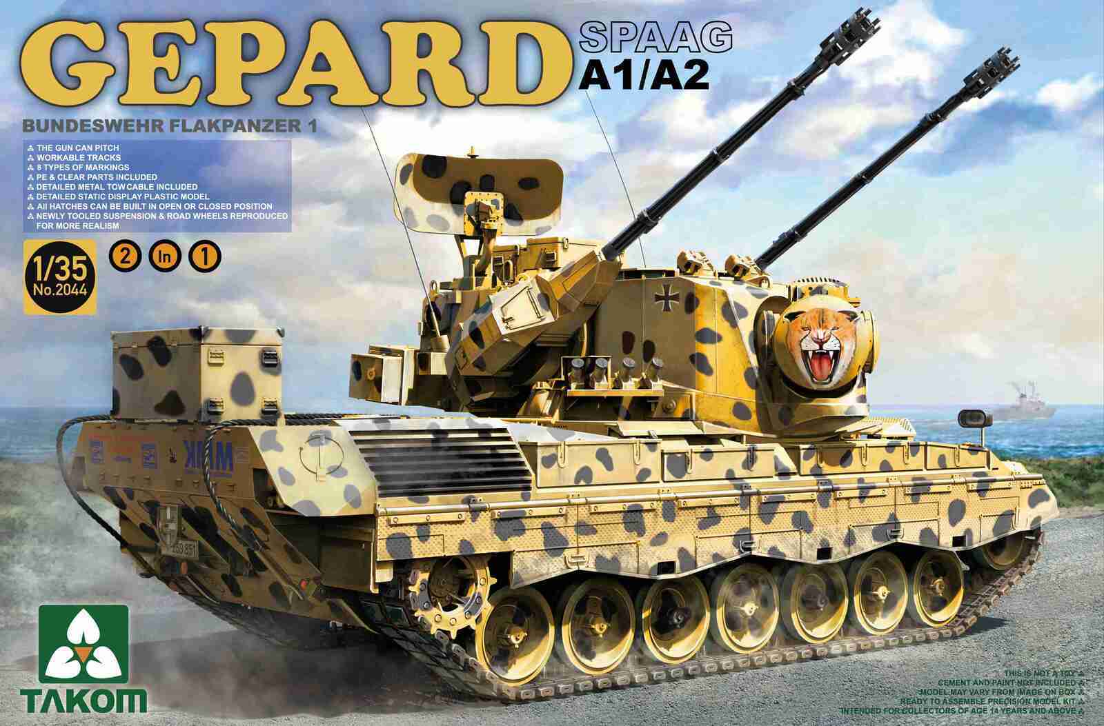 Takom 1/35 Bundeswehr Flackpanzer1 Gepard SPAAG A1/A2 2 in 1 Plastic Model Kit