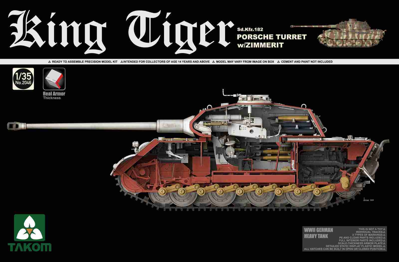 Takom 1/35 WWII German Heavy Tank Sd.Kfz.182 King Tiger Porsche Turret w/Zimmerit and interior Plastic Model Kit