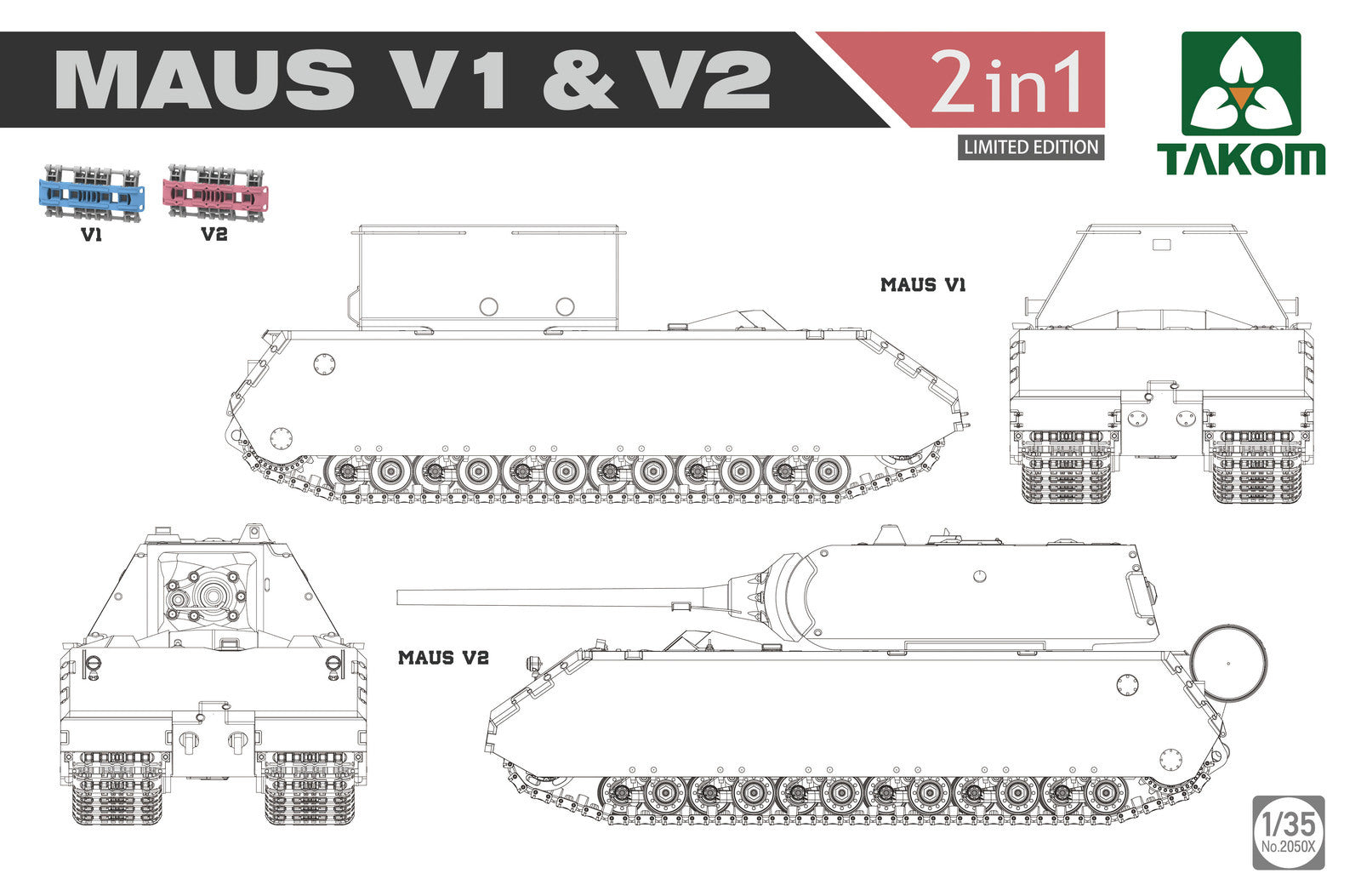 TK2050X Takom 1/35 WWII Maus V1 & V2 2 in 1 (Limited Edition) Plastic Model Kit Takom