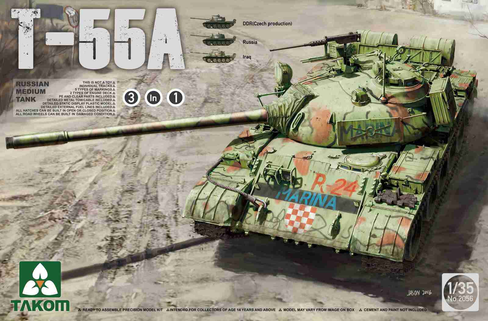 TK2056 Takom 1/35 Russian Medium Tank T-55 A [3 in 1] Plastic Model Kit [2056] Takom