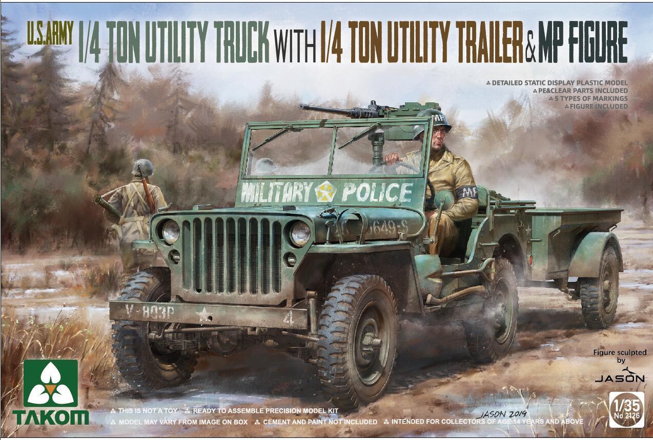 TK2126 Takom 1/35 U.S. Army 1/4 ton utility truck w/ trailer & MP figure Plastic Model Kit Takom