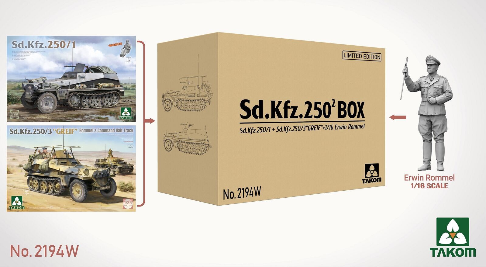 Takom 1/35 Limited Edition Sd.Kfz.250/1 + Sd.Kfz.250/3 "Grief" w/ 1/16 Erwin Rommel Figure Plastic Model Kit