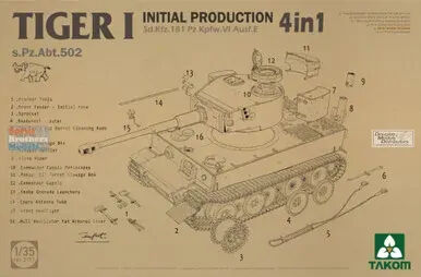 Takom 1/35 Tiger I Initial Production Sd.Kfz.181 Pz.Kpfw.VI Ausf.E 4 in 1 Plastic Model Kit