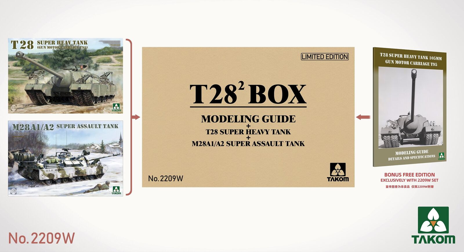 Takom 1/35 T28² Box - T28 Super Heavy Tank + M28A1/A2 Super Assault Tank Plastic Model Kit