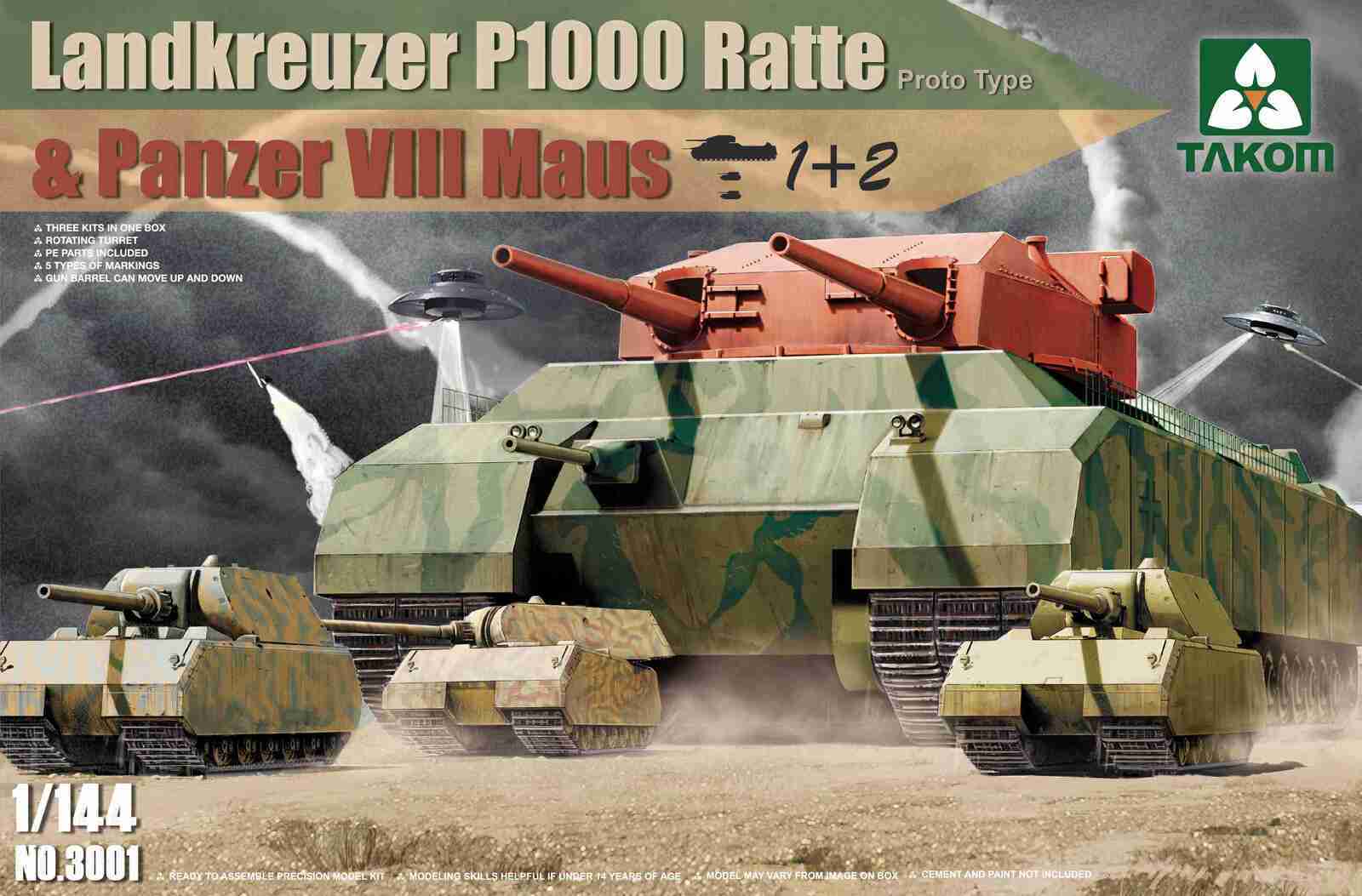 TK3001 Takom 1/144 WWII Heavy Battle Tank Landkreuzer P1000 Ratte[Proto type] & Panzer VIII Maus 3 in 1 Plastic Model Kit Takom