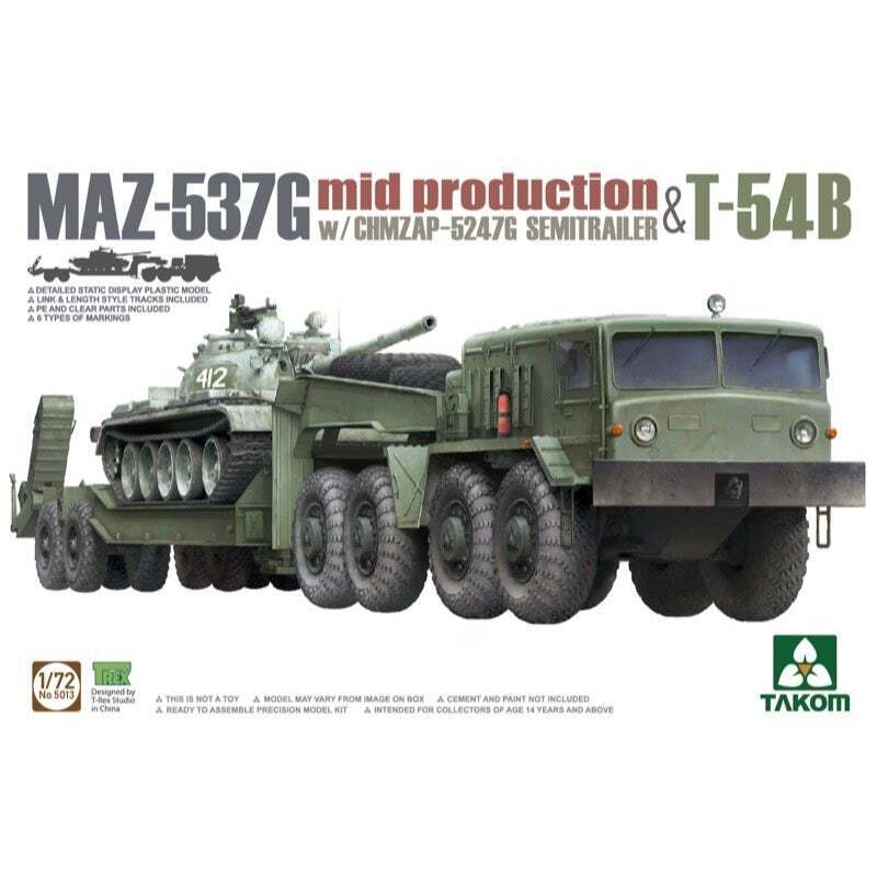 TK5013 Takom 1/72 MAZ-537G w/ChMZAP-5247G Semi-trailer mid production & T-54B Plastic Model Kit Takom