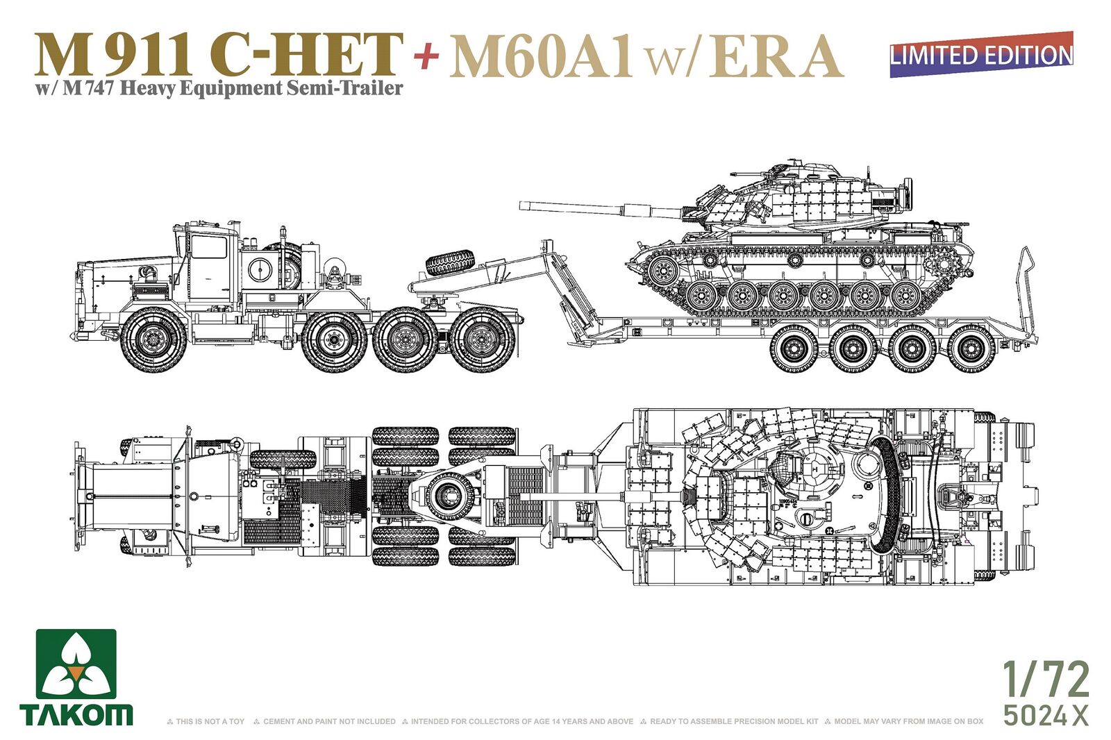 Takom 1/72 M911 C-HET w/M747 Heavy Equipment Semi-Trailer + M60A1 w/ERA Plastic Model Kit