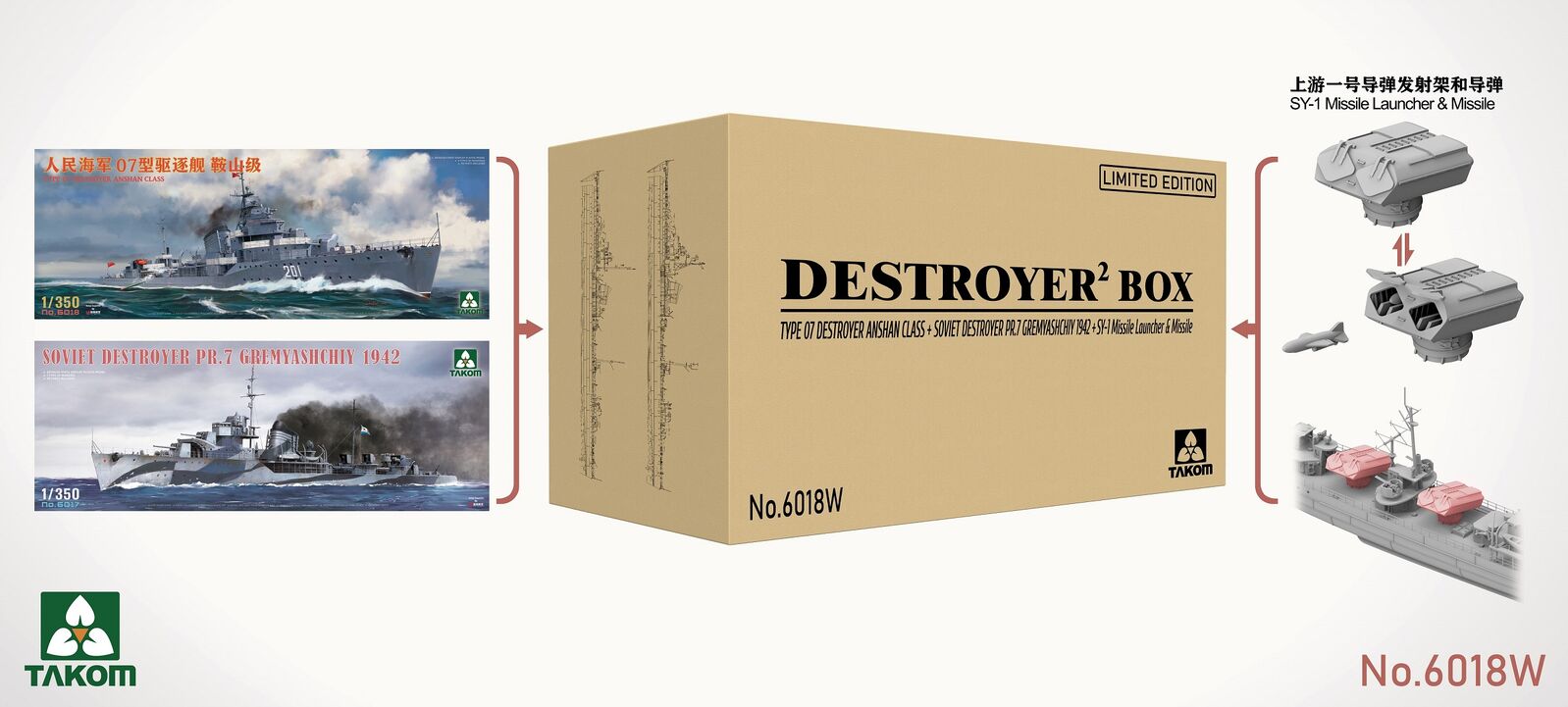 Takom 1/350 Destroyer² Box Type 07 Destroyer Anshan Class + Soviet Destroyer PR.7 Gremyashchiy 1942 + SY-1 Missile Launcher & Missile (Limited edition