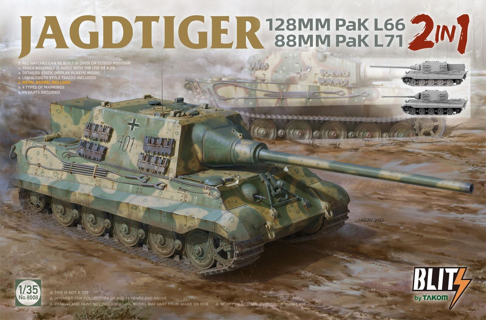 TK8008 Takom 1/35 Jagdtiger 128 mm Pak L66 & 88mm Pak L71 2 in 1 Plastic Model Kit [8008] Takom