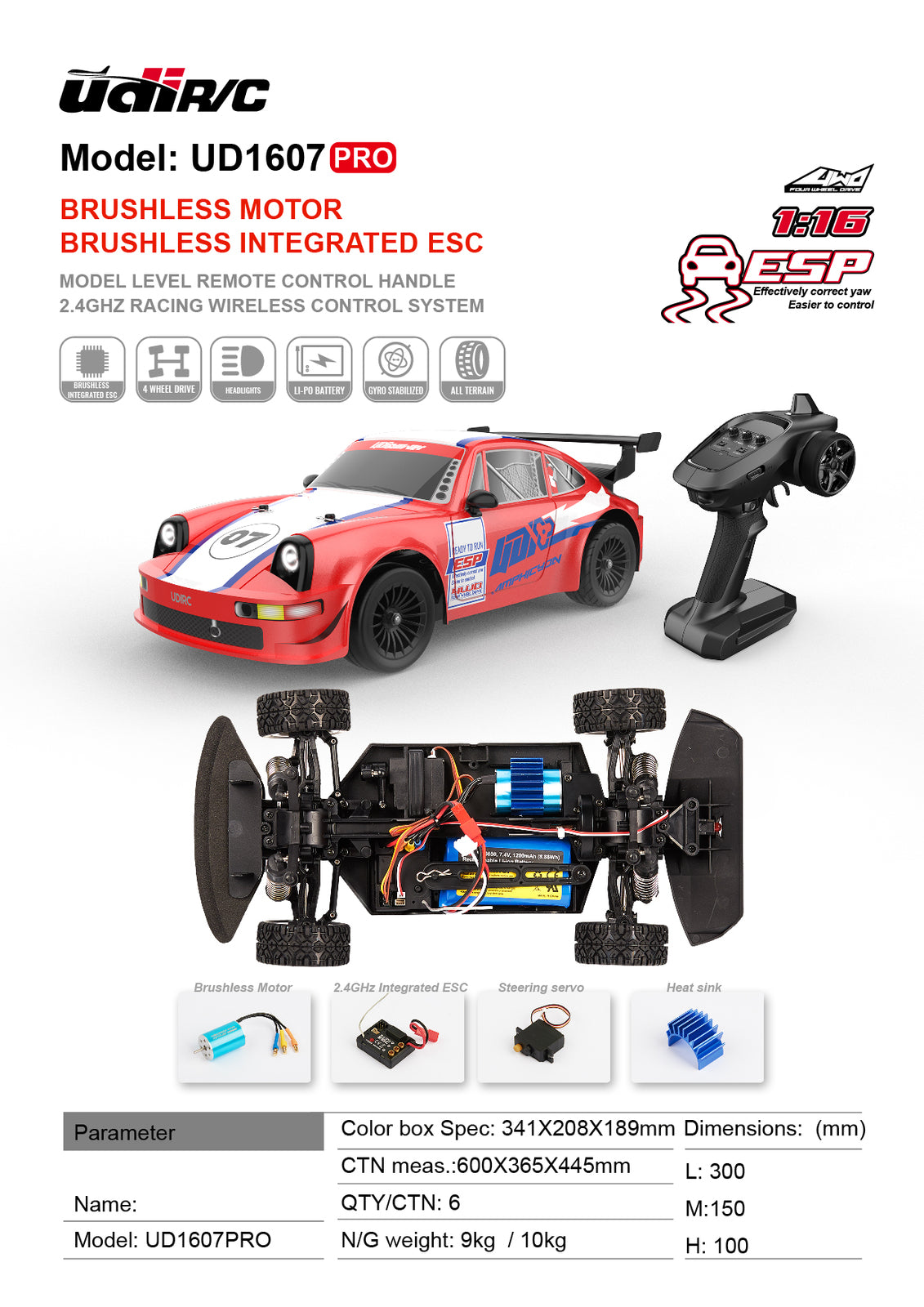 UDI-UD1607-PRO 1:16 2.4G Brushless High Speed Car, 3 Speed mode, Adjustable Electronic stability control, Drift & circuit tyres included UDI