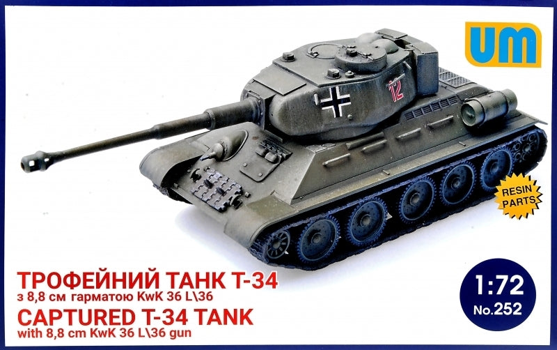 UNIM252 Unimodels 1/72 Captured T34 tank with 8,8cm kWk 36l/36 gun Plastic Model Kit Unimodel