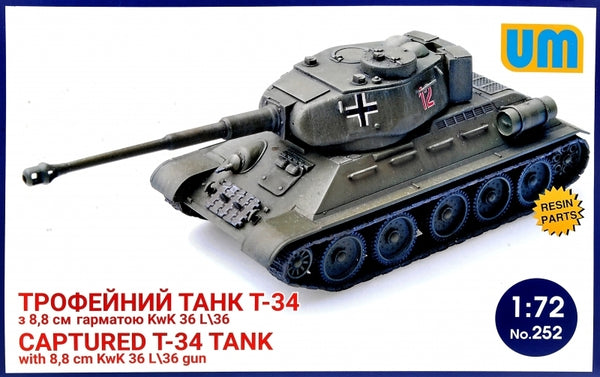 UNIM252 Unimodels 1/72 Captured T34 tank with 8,8cm kWk 36l/36 gun Plastic Model Kit