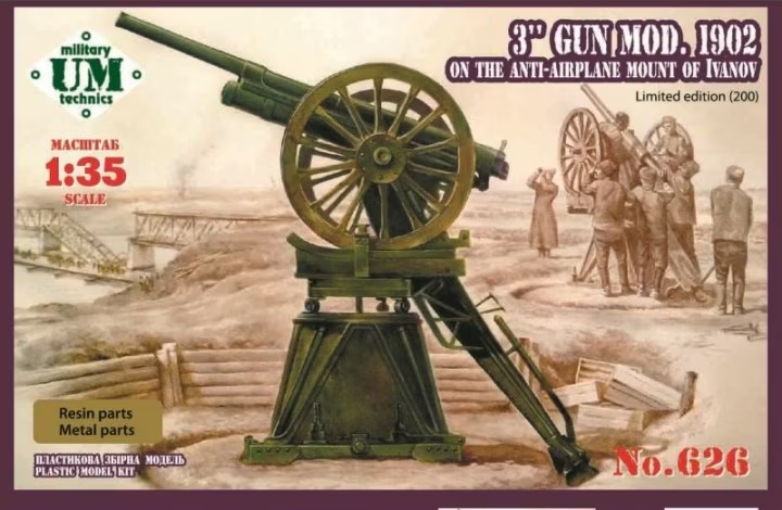 UNIM626 Unimodels 1/35 3'gun 1902 on A-Airplane mount Ivano Plastic Model Kit Unimodel