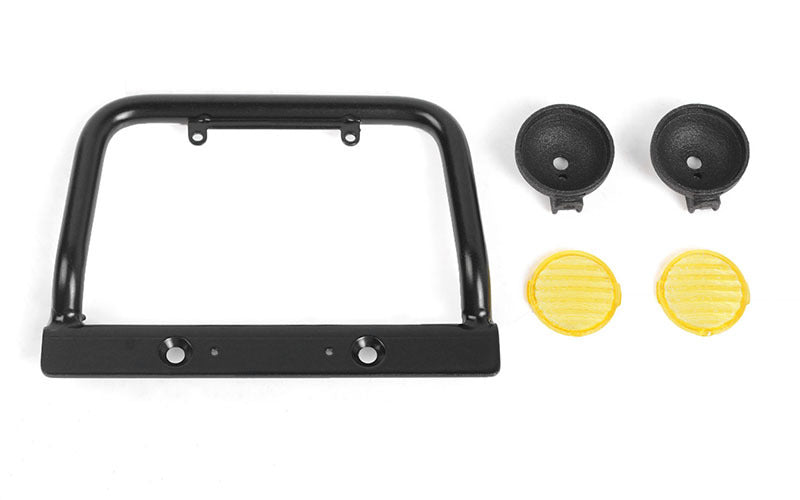 VVV-C1122 Steel Push Bar Front Bumper W/ Yellow Flood Lights for RC4WD Gelande II 2015 Land Rover Defender D90 RC 4WD