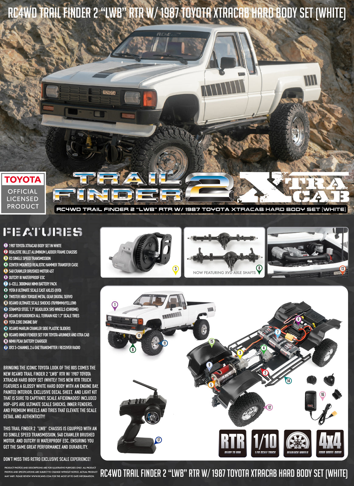 Z-RTR0064 RC4WD Trail Finder 2 "LWB" RTR w/ 1987 Toyota XtraCab Hard Body Set (White) RC 4WD