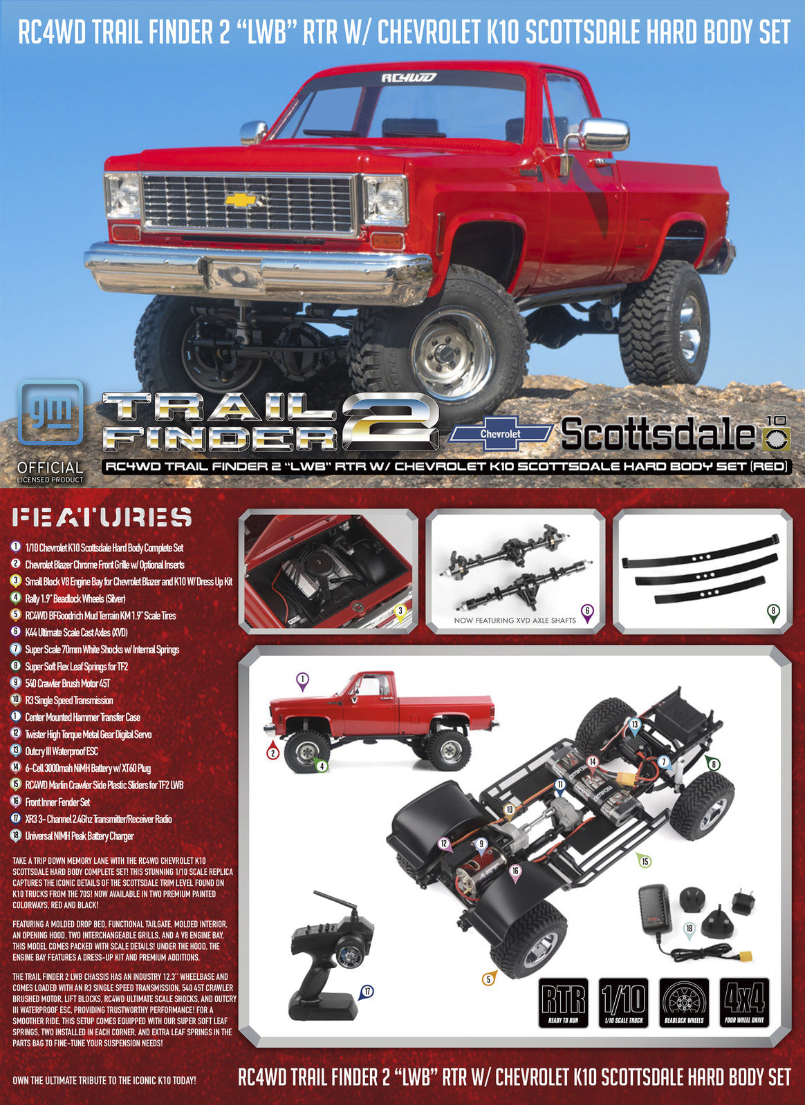Z-RTR0066 RC4WD Trail Finder 2 "LWB" RTR W/ Chevrolet K10 Scottsdale Hard Body Set (Red) RC 4WD