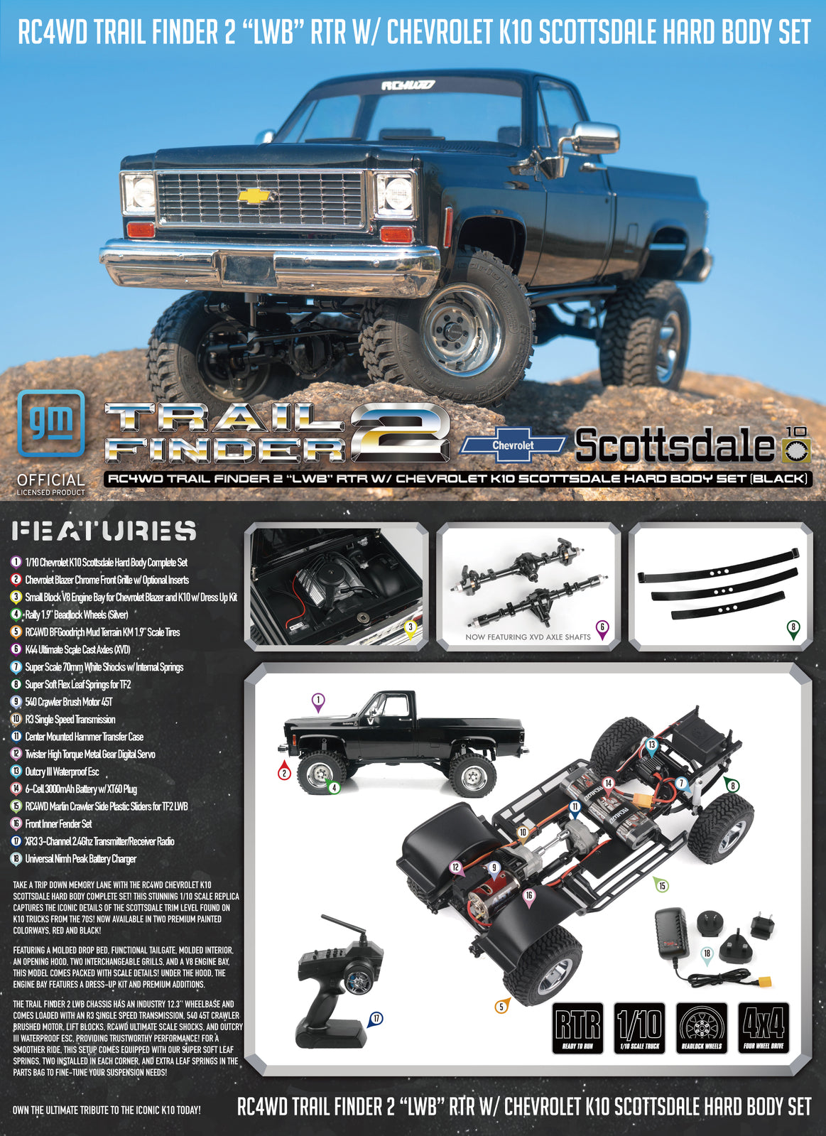 Z-RTR0067 RC4WD Trail Finder 2 "LWB" RTR W/ Chevrolet K10 Scottsdale Hard Body Set (Black) RC 4WD