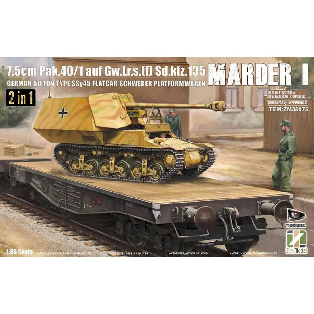 Zimi Model 1/35 Marder I 7.5cm Pak.40/1 auf Gw.Lr.s.(f) Sd.kfz.135 w/ German 50 Ton Type SSy45 Flatcar Schwerer Platformwagen [2 in 1] Plastic Model K ZM35075