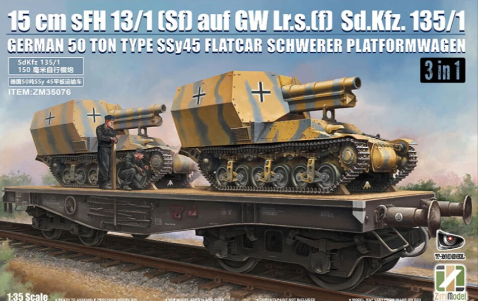 Zimi Model 1/35 15 cm sFH 13/1 (Sf)auf Gw Lrs.(f )Sd.Kfz.135/1 with German 50 Ton Type SSy45 Flatcar Schwerer Platformwagen [3 in 1] Plastic Model Kit ZM35076