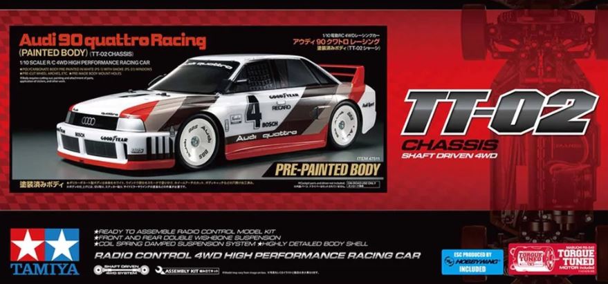 Tamiya 47511 1/10 Audi 90 Quattro Racing TT-02 RC Car Kit (Painted Body)